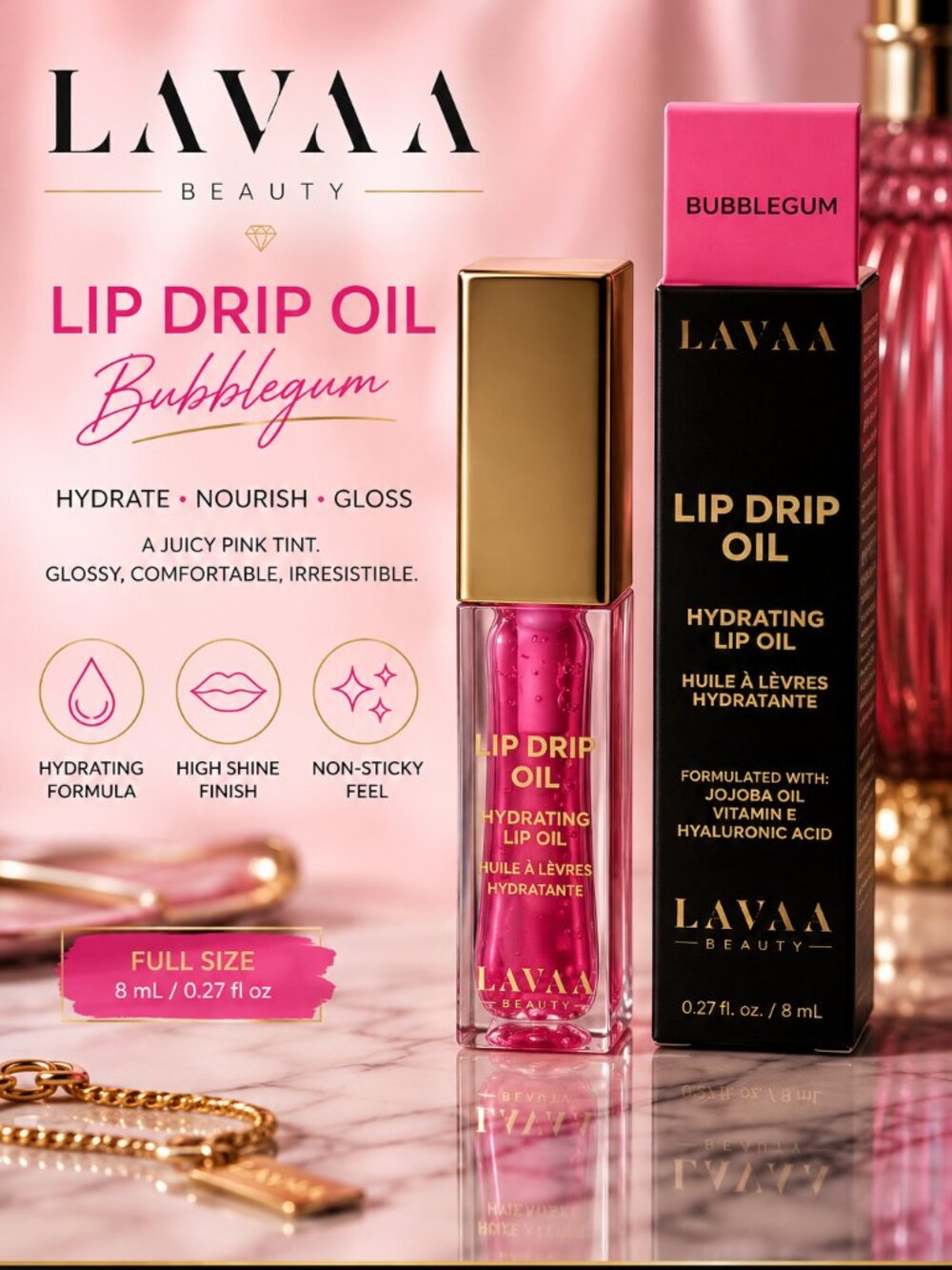 LAVAA Beauty Lip Drip Oil Bubblegum Hydrating Pink Lip Oil 8ml Full Size